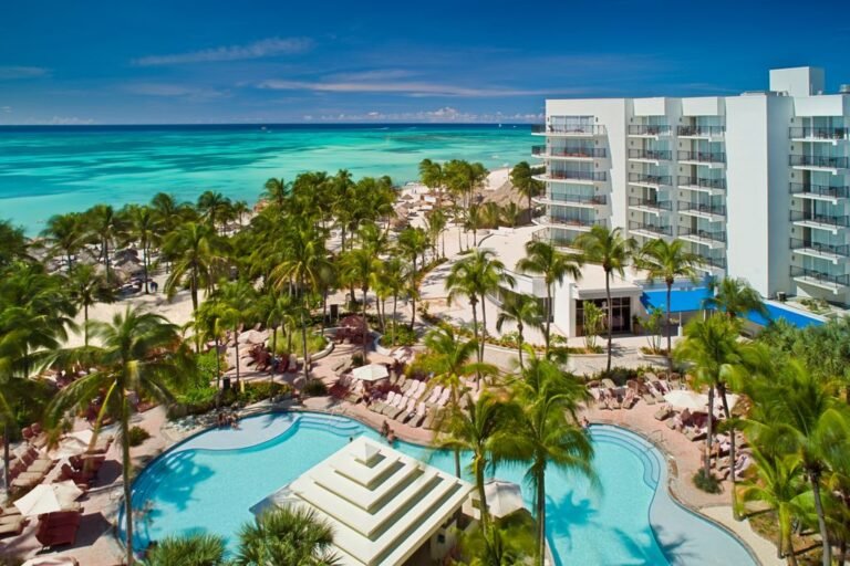 Aerial view of a beachfront hotel area in Aruba