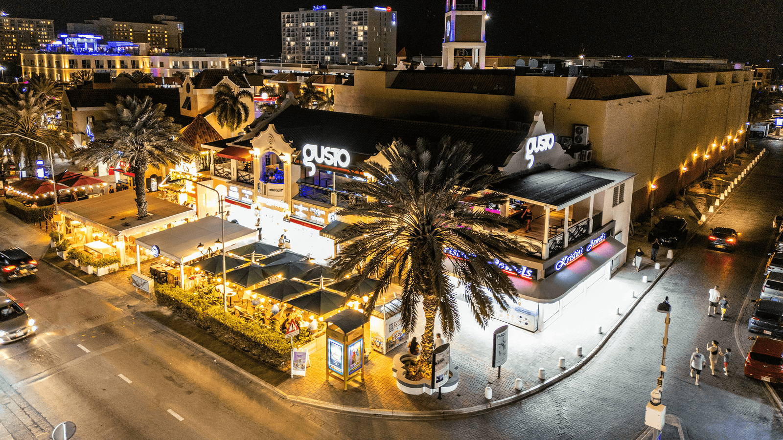 Aruba nightlife with colorful lights and evening entertainment